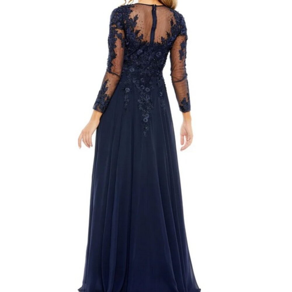 Mac Duggal Midnight Blue Embellished Lace Long Sleeve Mesh Ballgown - Picture 2 of 3